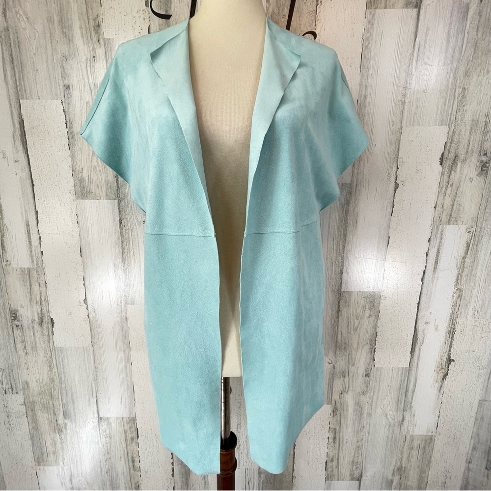 Chico’s Blue Super Soft Black Label Faux Suede Short Sleeve Jacket OpenFront 2